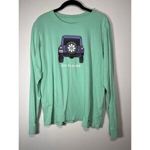 LIFE IS GOOD Large Long Sleeve Aqua Blue Crusher T-Shirt Cotton Jeep